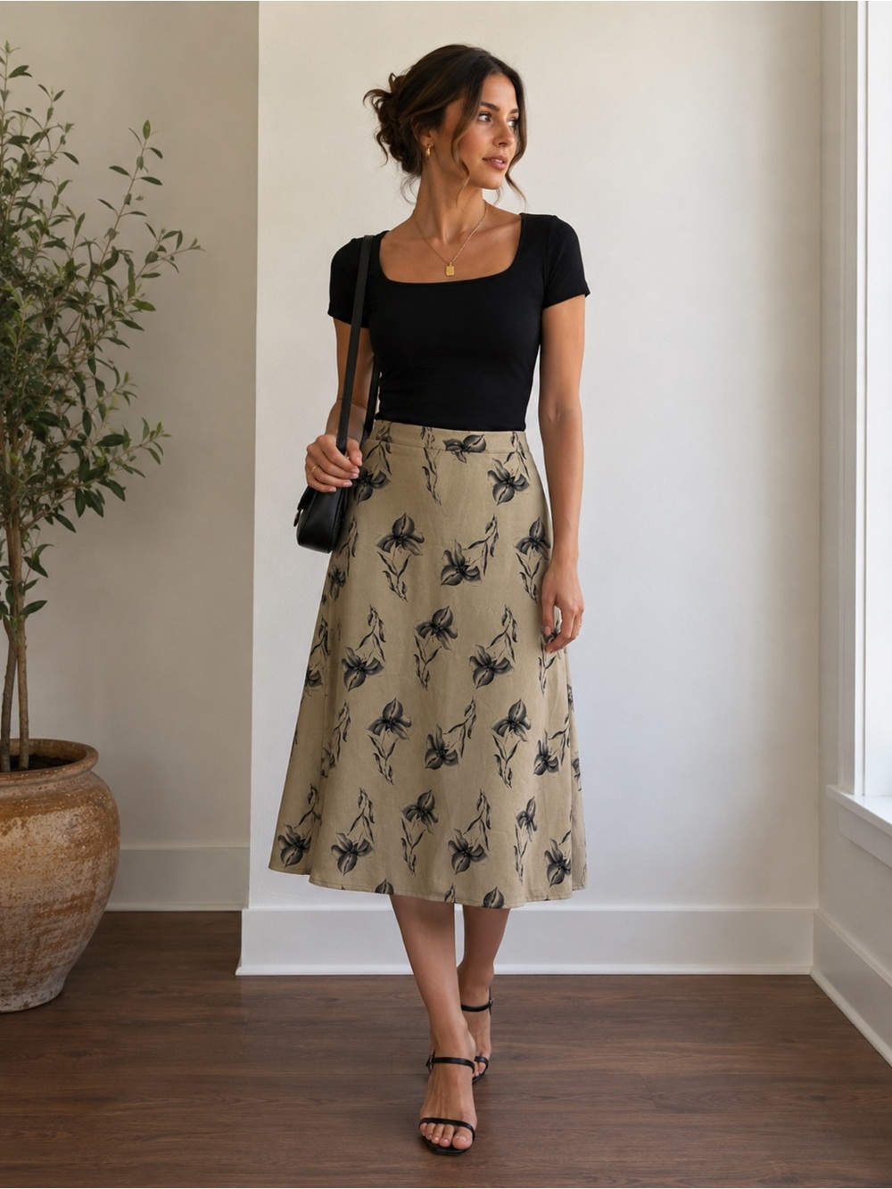Vintage Tradition Collection Beige Floral A-Line Maxi Skirt W17”, L35”